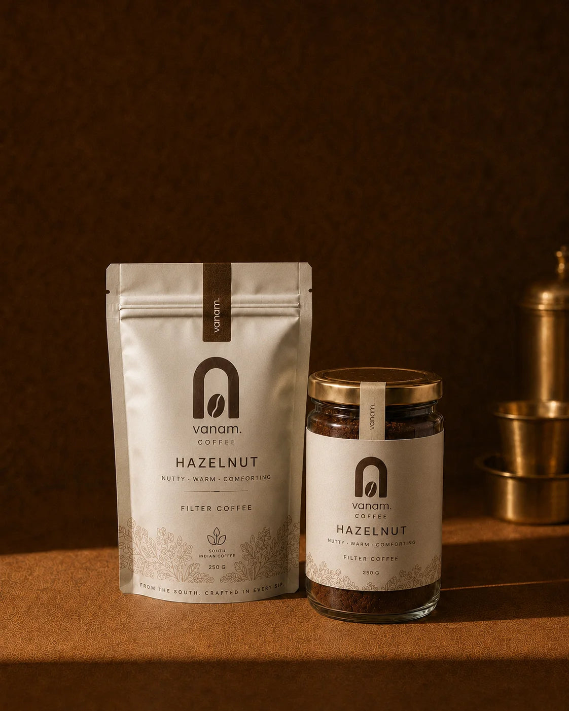 Hazelnut coffee pouch and jar