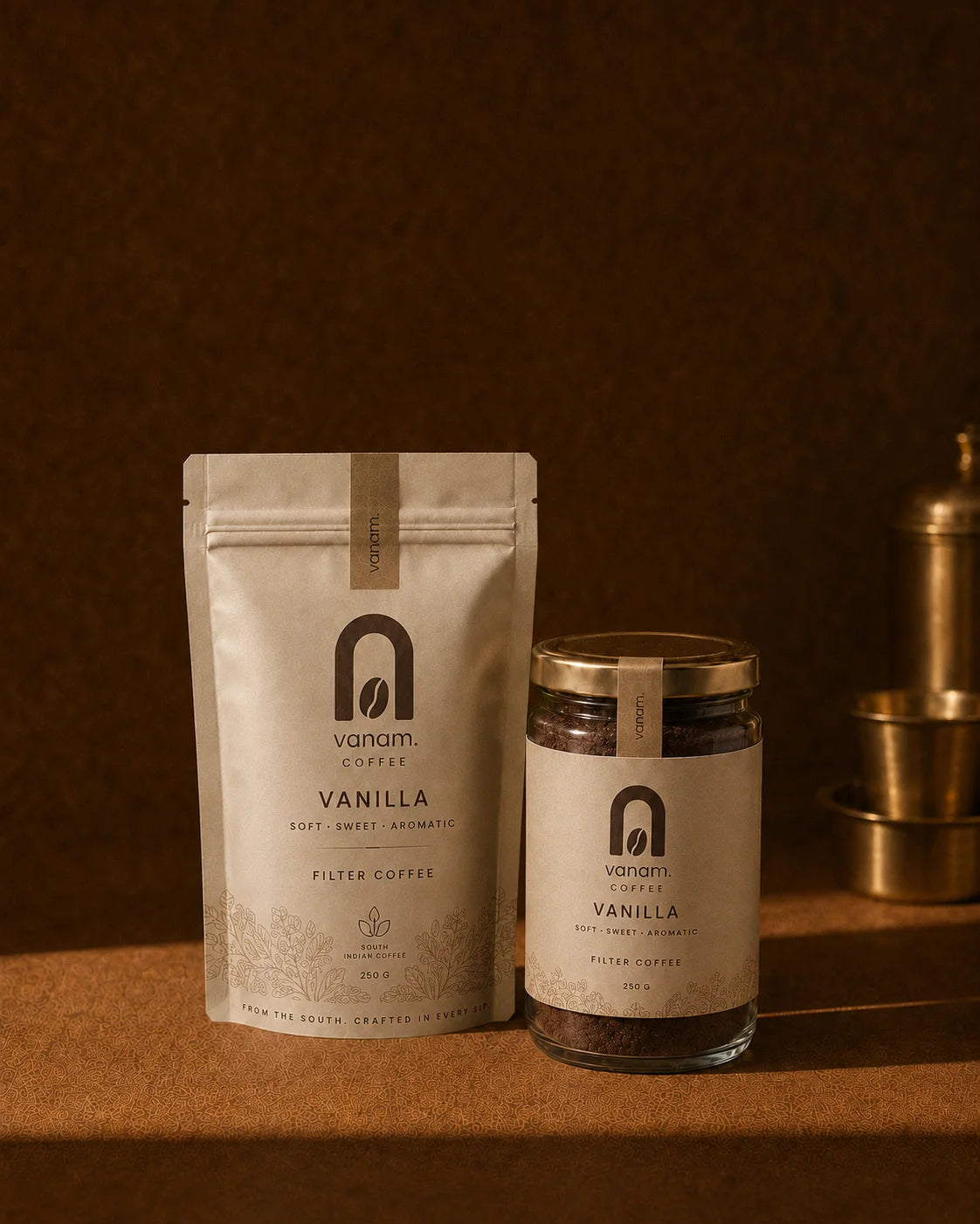Vanilla coffee pouch and jar